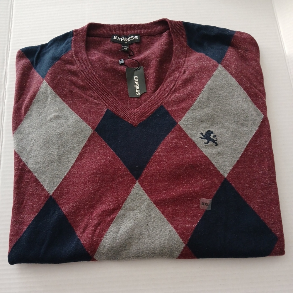 NWT MEN'S EXPRESS PULLOVER SWEATER XXL WINE, BLUE AND GREY